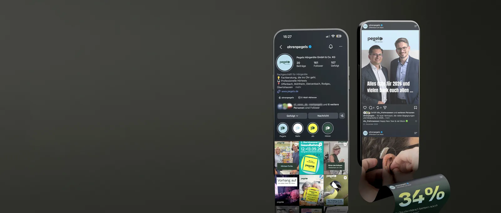 PEGELS Instagram-Auftritt auf zwei Smartphones